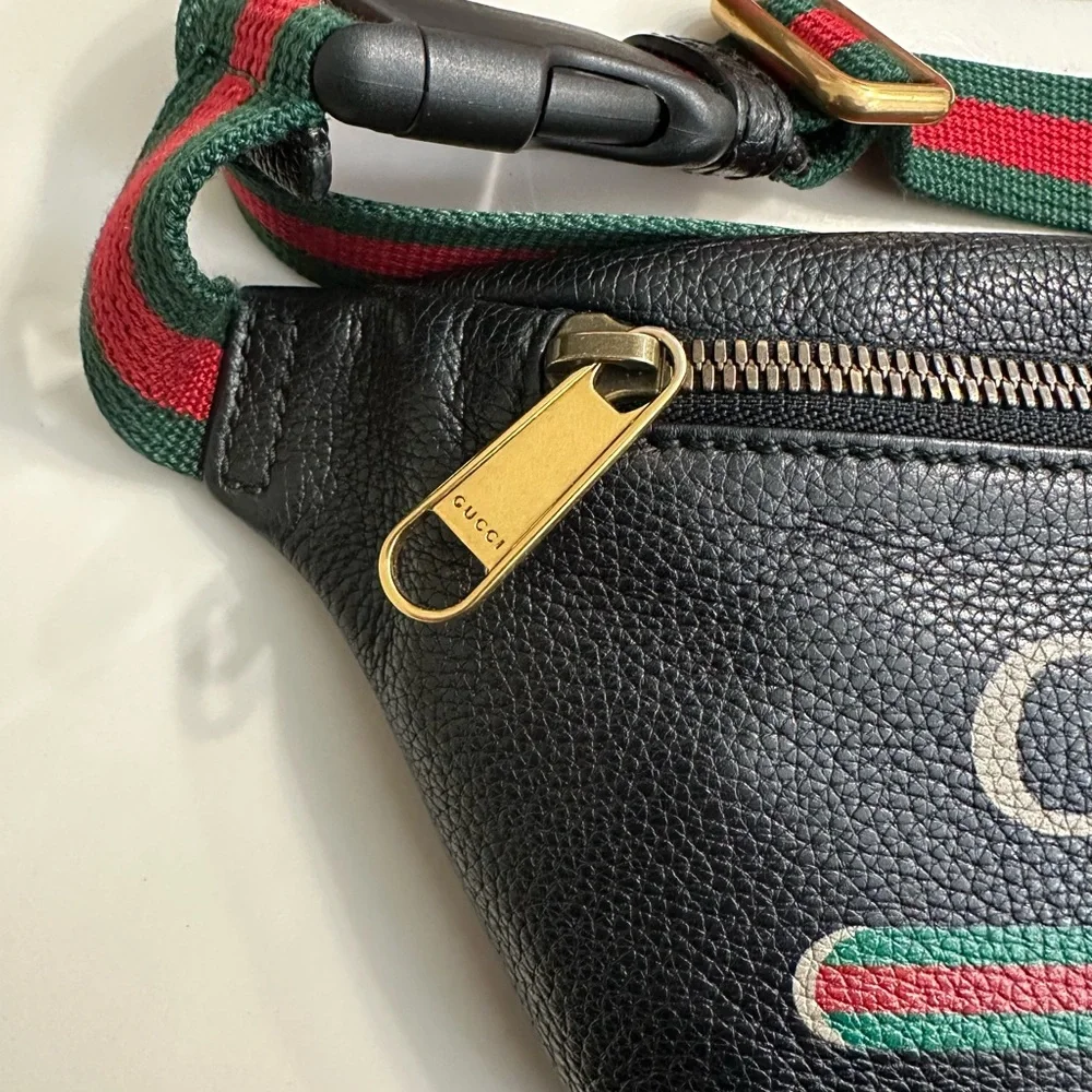 Gucci Black Leather Logo Belt Bag with Green-Red Web Strap - Picture 3 of 8